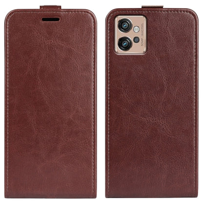 Brown textured vertical flip leather phone case with camera cutout and top strap.