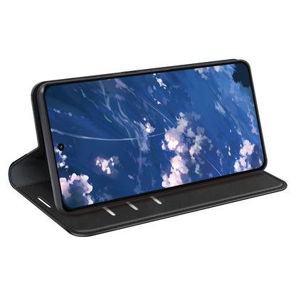 Black leather-look magnetic folio phone case with kickstand view for landscape use