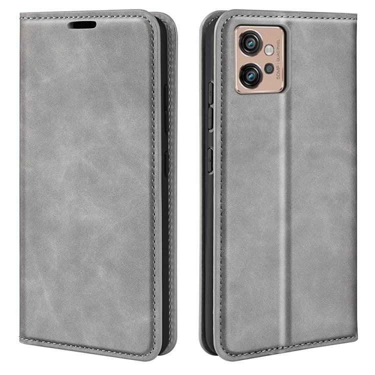 Grey leather-look magnetic suction folio phone case with open front and camera cutout