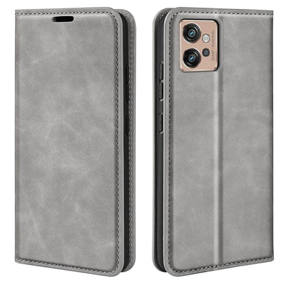 Grey leather-look magnetic suction folio phone case with open front and camera cutout