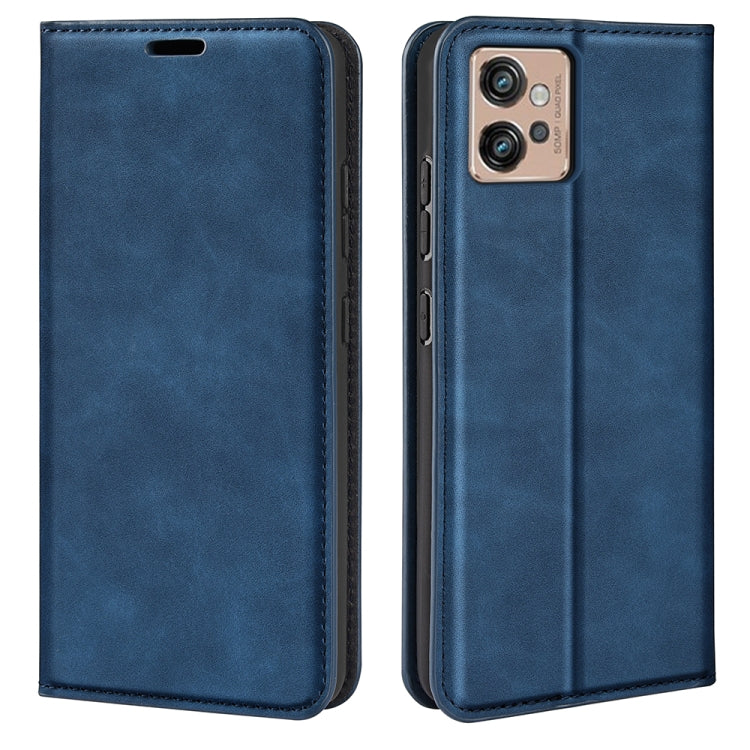 Dark blue leather-look magnetic suction folio phone case with open front and camera cutout
