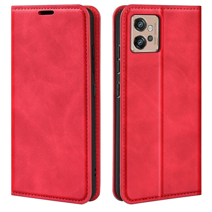Red leather-look magnetic suction folio phone case with open front and camera cutout