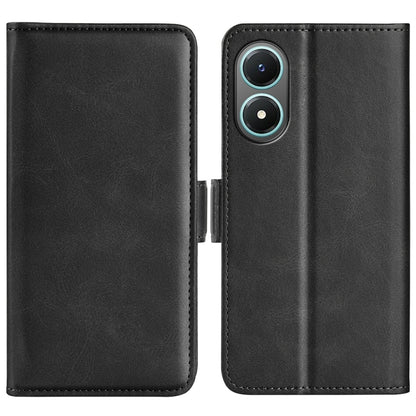 Black dual-side magnetic buckle leather phone case with camera cutout, open view
