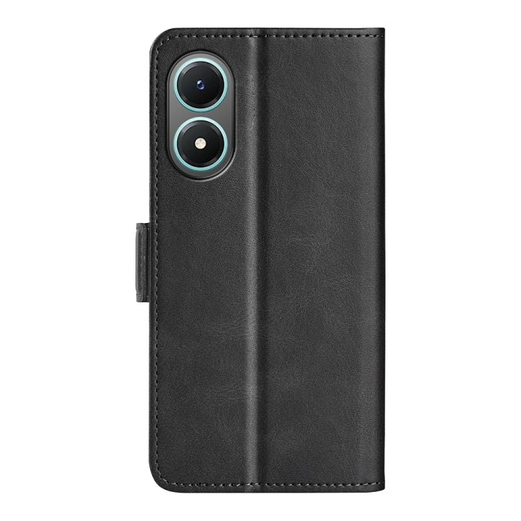 Black leather phone case with camera cutout and magnetic buckle, closed view