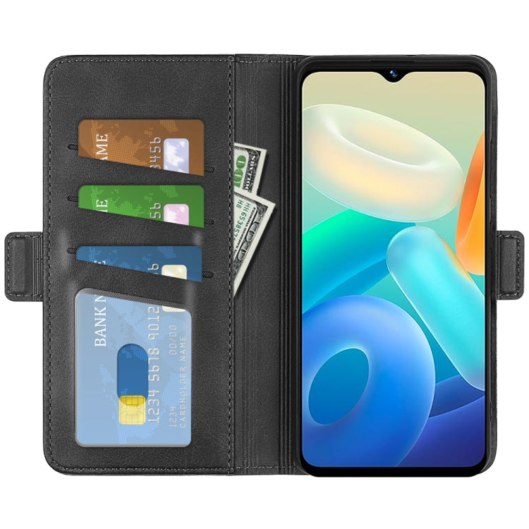 Black leather dual-side phone case with card slots and magnetic buckle, with phone
