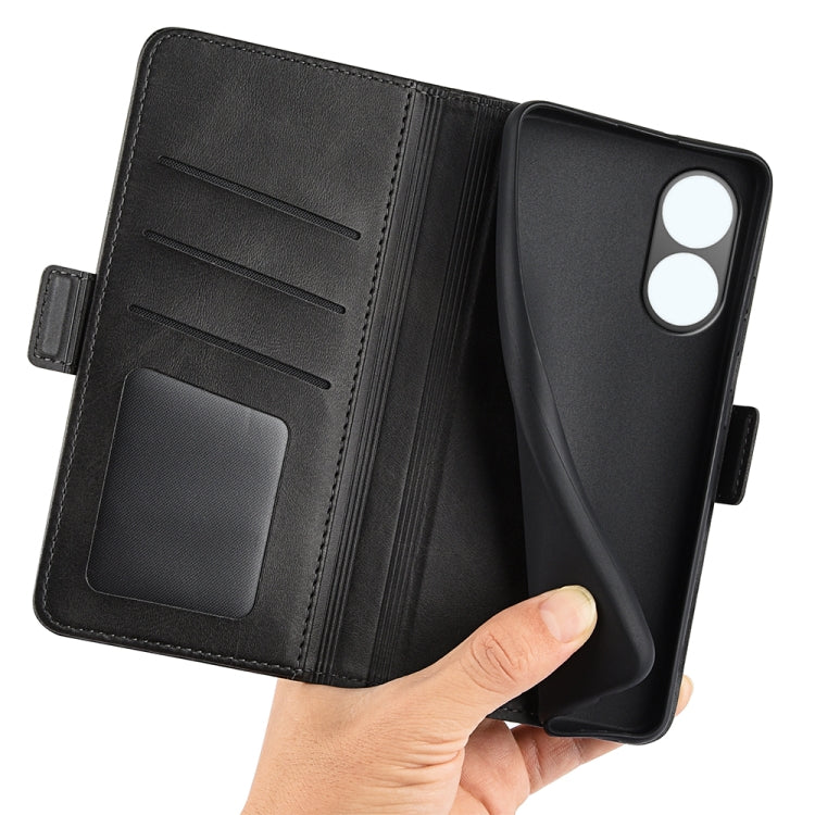 Black leather folio phone case with card slots and magnetic buckle, open