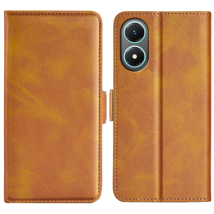 Brown dual-side magnetic buckle leather phone case with camera cutout, open