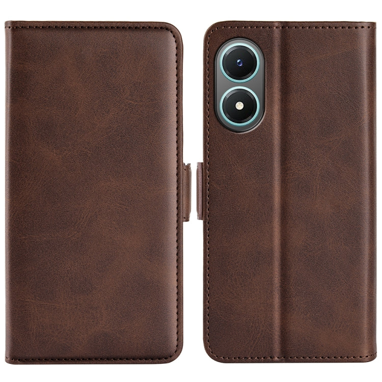 Brown dual-side magnetic buckle leather phone case with camera cutout, closed