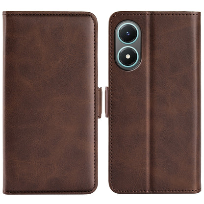 Brown dual-side magnetic buckle leather phone case with camera cutout, closed