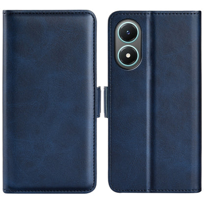 Dark blue dual-side magnetic buckle leather phone case with camera cutout, open