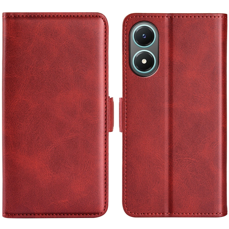 Red dual-side magnetic buckle leather phone case with camera cutout, open