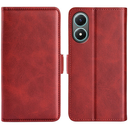 Red dual-side magnetic buckle leather phone case with camera cutout, open