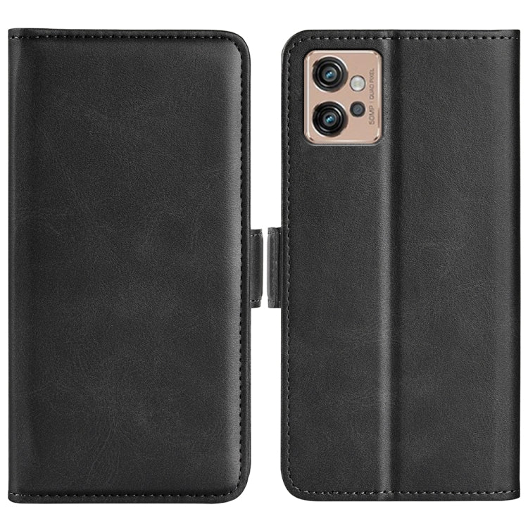 Black leather flip phone case with magnetic buckle closure and stitched edges