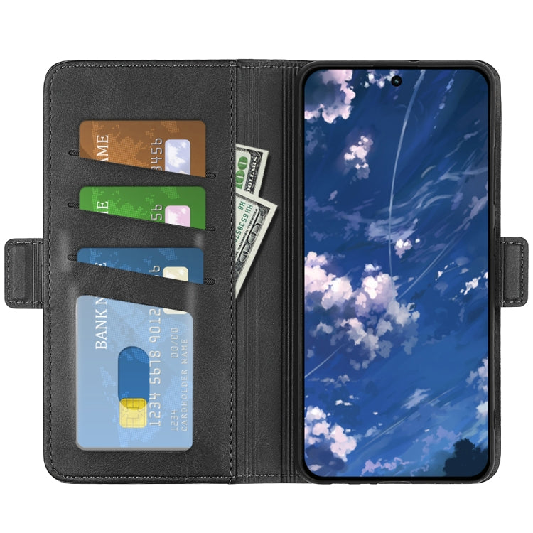 Black leather flip phone case with card slots and magnetic buckle closure