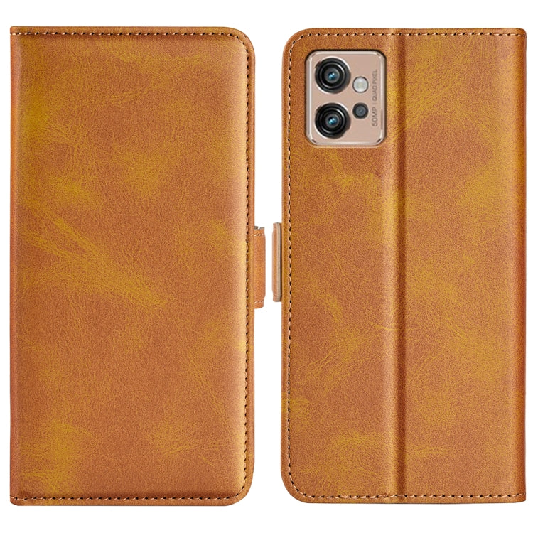 Brown leather flip phone case with magnetic buckle closure and stitched borders