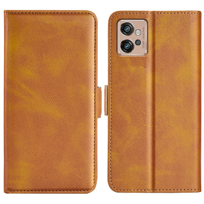 Brown leather flip phone case with magnetic buckle closure and stitched borders