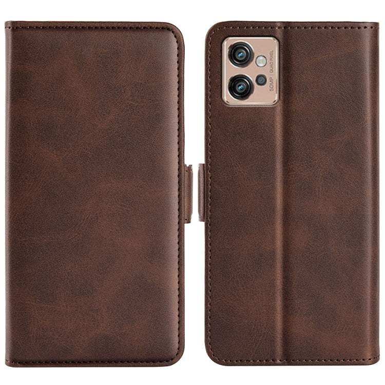Brown leather phone case with camera cutout and magnetic buckle on the side