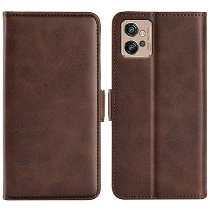Brown leather phone case with camera cutout and magnetic buckle on the side
