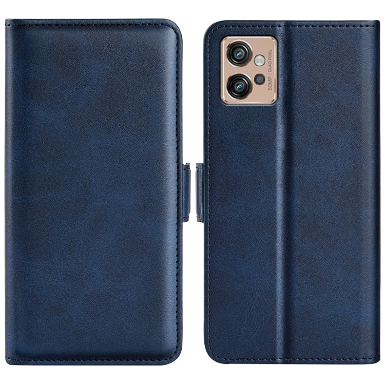 Dark blue leather flip phone case with magnetic buckle closure and stitched edges