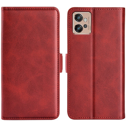 Red leather flip phone case with magnetic buckle closure and camera cutout