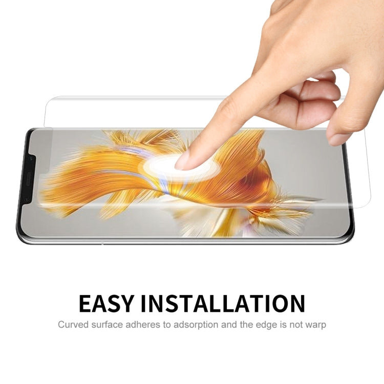 Curved PET screen protector film installation on Huawei Mate 50 Pro, clear