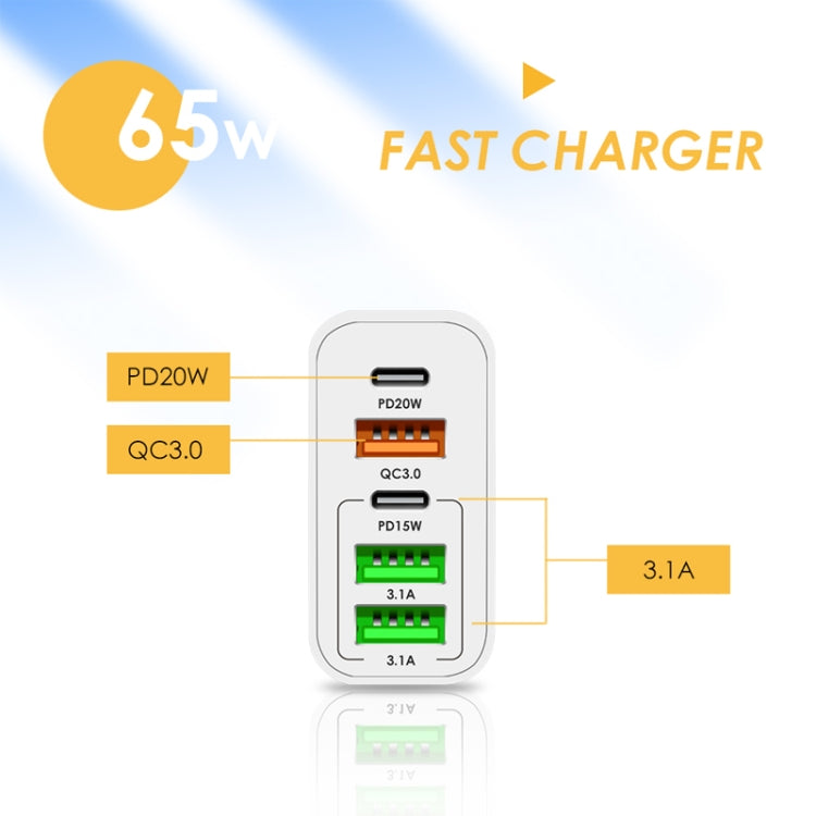 65W Dual PD Type-C + 3 x USB Multi Port Charger with 3A Type-C to Type-C Data Cable, US Plug, US Plug + Type-C to Type-C Cable