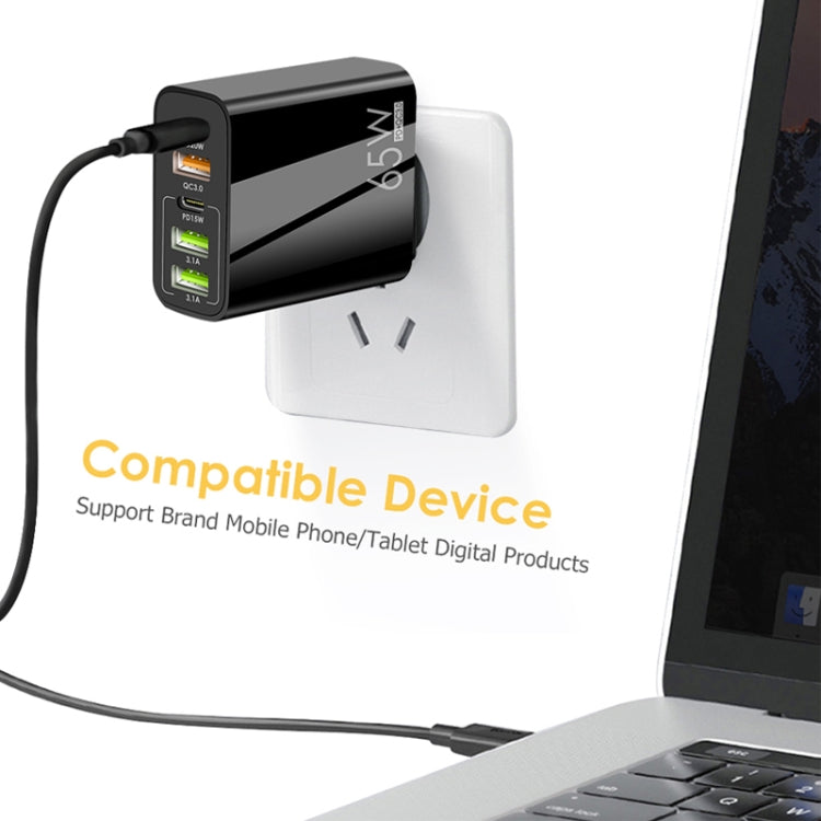 65W Dual PD Type-C + 3 x USB Multi Port Charger with 3A Type-C to Type-C Data Cable, US Plug, US Plug + Type-C to Type-C Cable