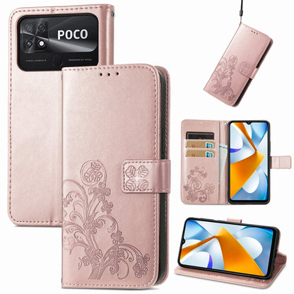 Four-leaf Clasp Embossed Buckle Leather Phone Case, For Xiaomi Poco C40