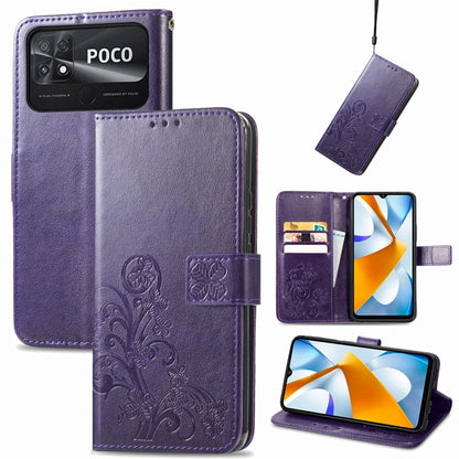 Four-leaf Clasp Embossed Buckle Leather Phone Case, For Xiaomi Poco C40