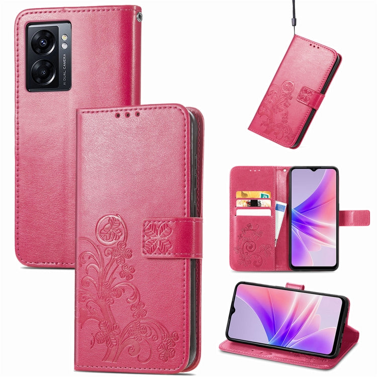 Magenta embossed leather-look phone case with four-leaf clasp buckle and card slots