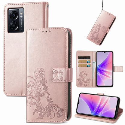Rose gold embossed leather-look phone case with four-leaf clasp buckle and card slots
