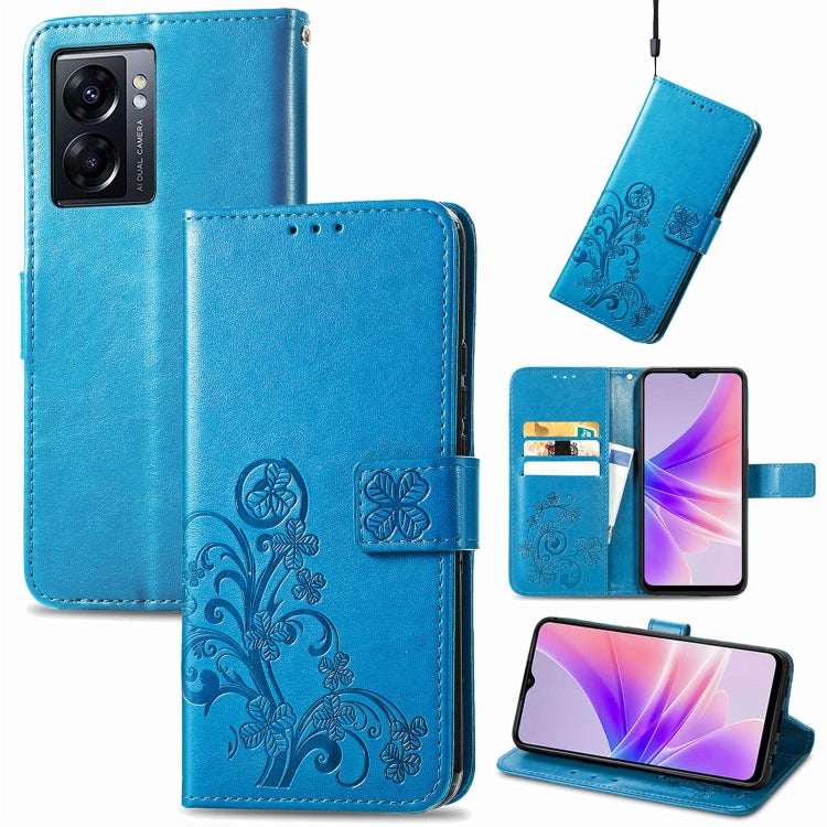 Blue embossed leather-look phone case with four-leaf clasp buckle and card slots