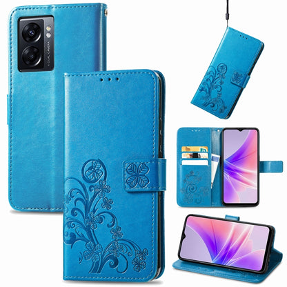 Blue embossed leather-look phone case with four-leaf clasp buckle and card slots
