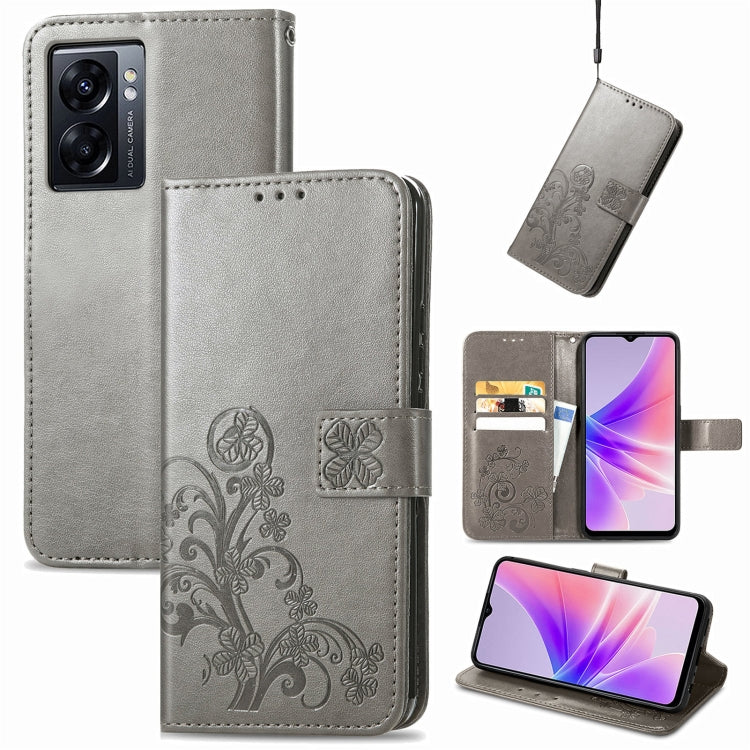 Gray embossed leather-look phone case with four-leaf clasp buckle and card slots