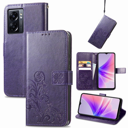 Purple embossed leather-look phone case with four-leaf clasp buckle and card slots
