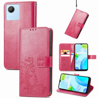 Magenta embossed leather-look phone case with four-leaf clasp buckle and flip cover