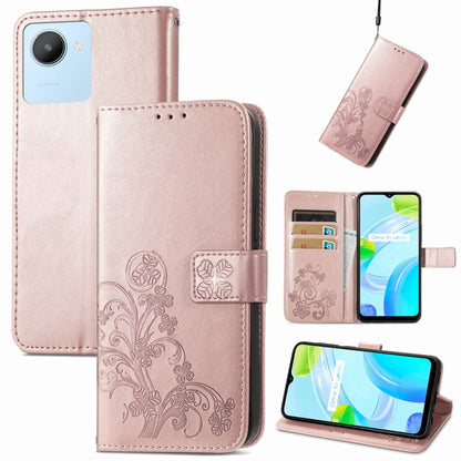 Rose gold embossed leather-look phone case with four-leaf clasp buckle and card slots