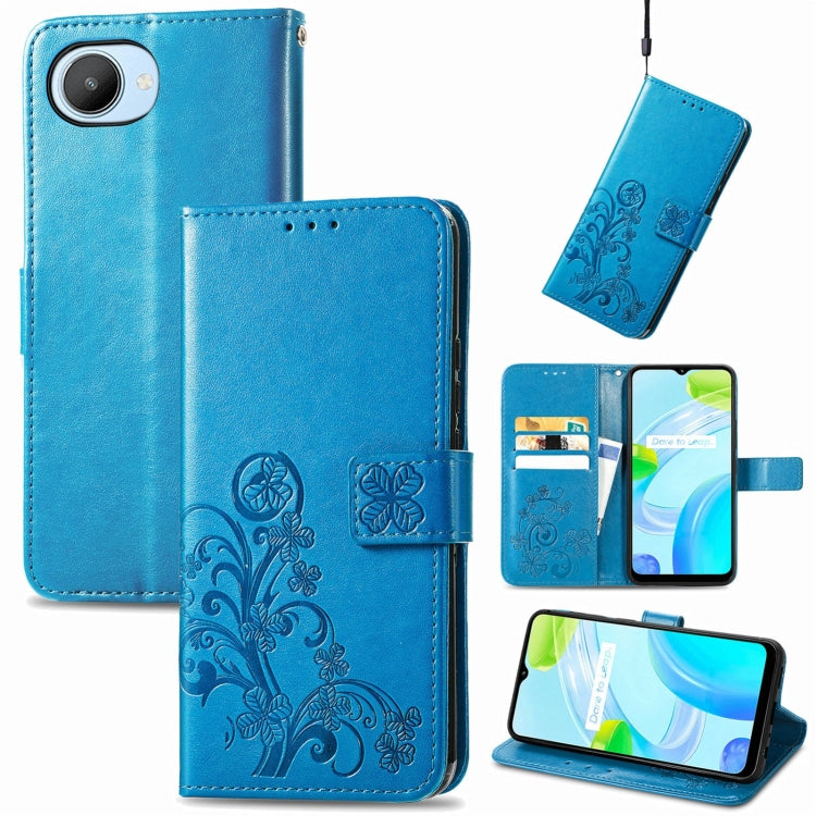Blue embossed leather wallet phone case with four-leaf clasp buckle and card slots