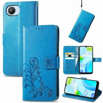 Blue embossed leather wallet phone case with four-leaf clasp buckle and card slots