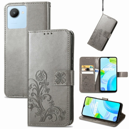 Gray embossed leather wallet phone case with four-leaf clasp buckle and card slots