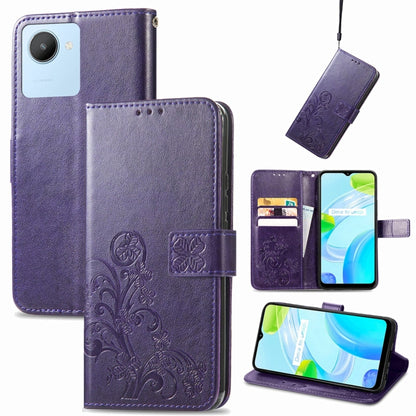 Purple embossed leather wallet phone case with four-leaf clasp buckle and card slots