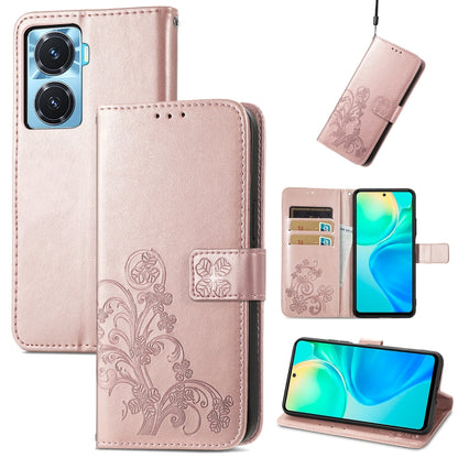 Light rose embossed leather wallet phone case with four-leaf clasp buckle and card slots