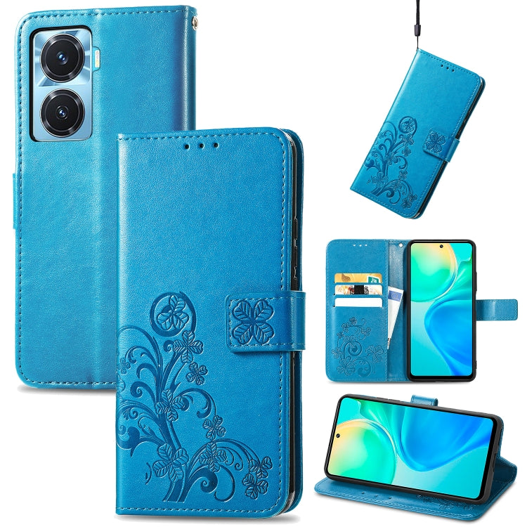 Blue embossed leather wallet phone case with four-leaf clasp buckle and side card holder