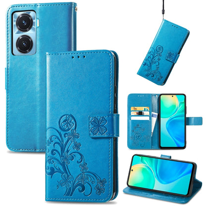 Blue embossed leather wallet phone case with four-leaf clasp buckle and side card holder