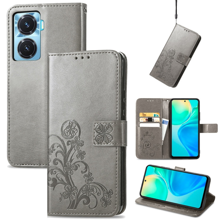 Gray embossed leather wallet phone case with four-leaf clasp buckle and side card holder