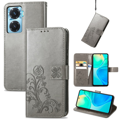 Gray embossed leather wallet phone case with four-leaf clasp buckle and side card holder