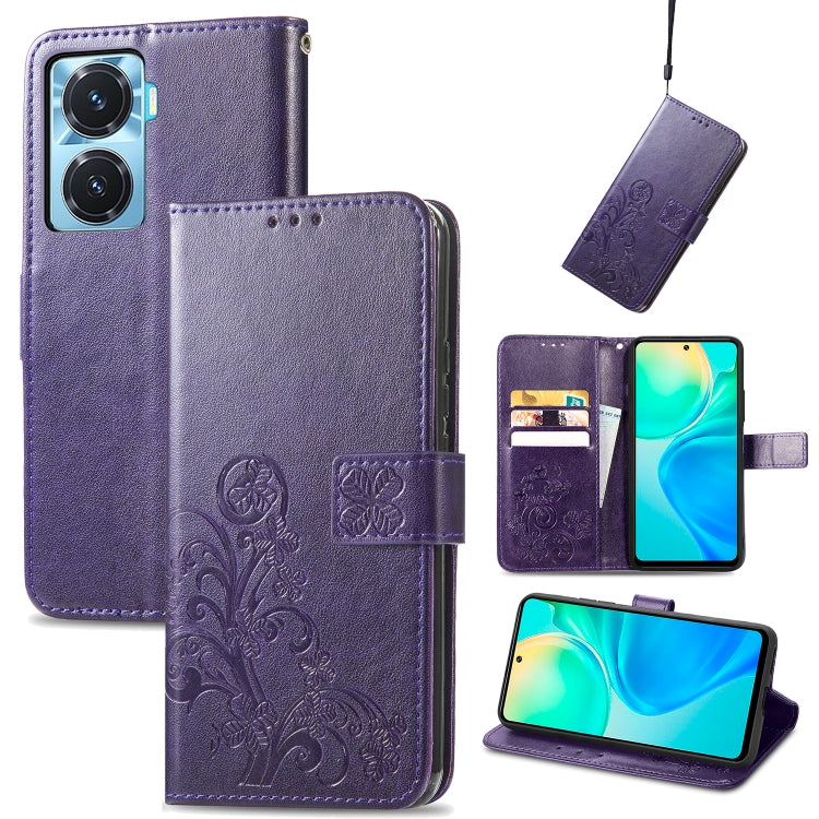 Purple embossed leather wallet phone case with four-leaf clasp buckle and side card holder