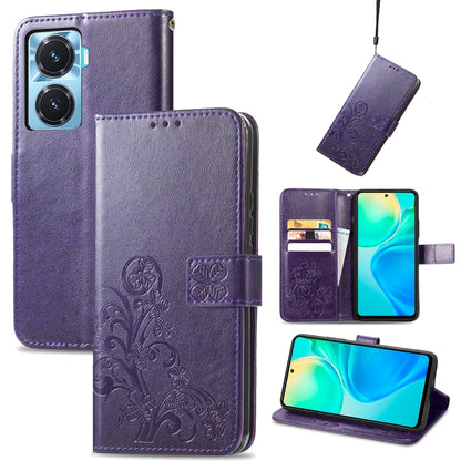 Purple embossed leather wallet phone case with four-leaf clasp buckle and side card holder
