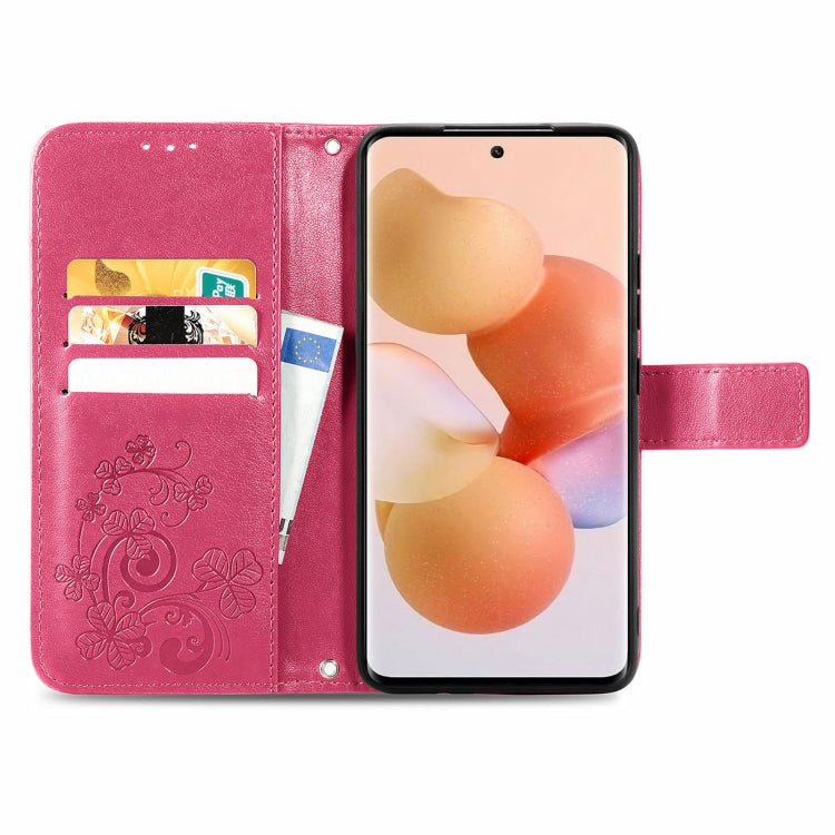 Rose red leather phone case with four-leaf clasp embossing and inner card slots