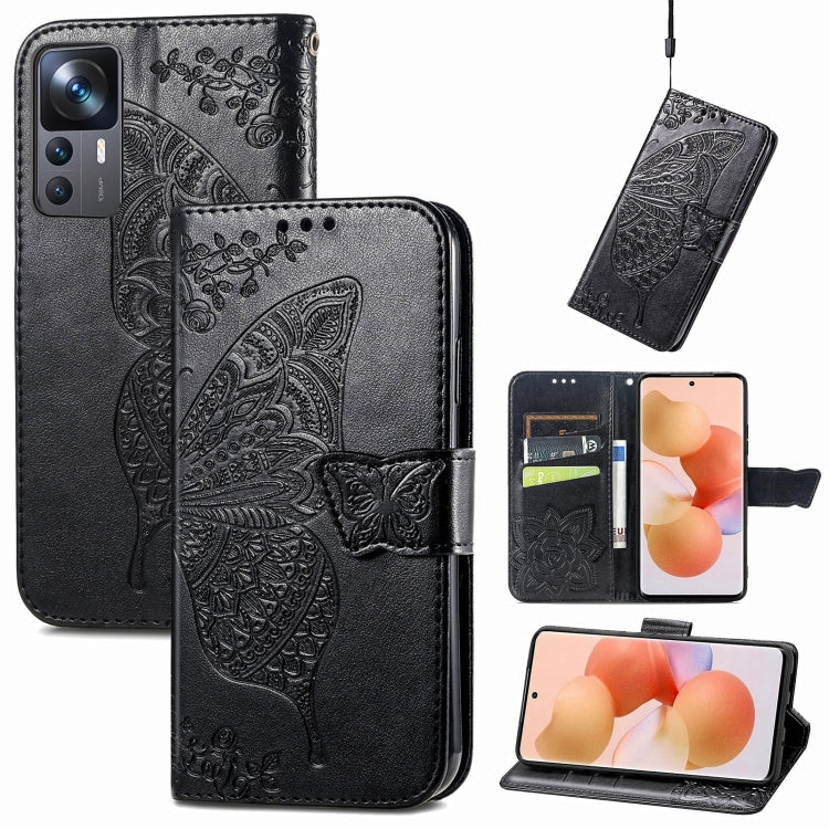 Black embossed butterfly and flower leather phone flip case with magnetic strap and card slots